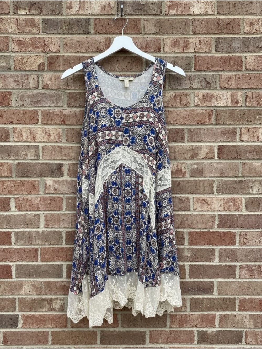 Umgee Boho Lace Trim  Blue Red Geometric Print Tunic Dress Size M